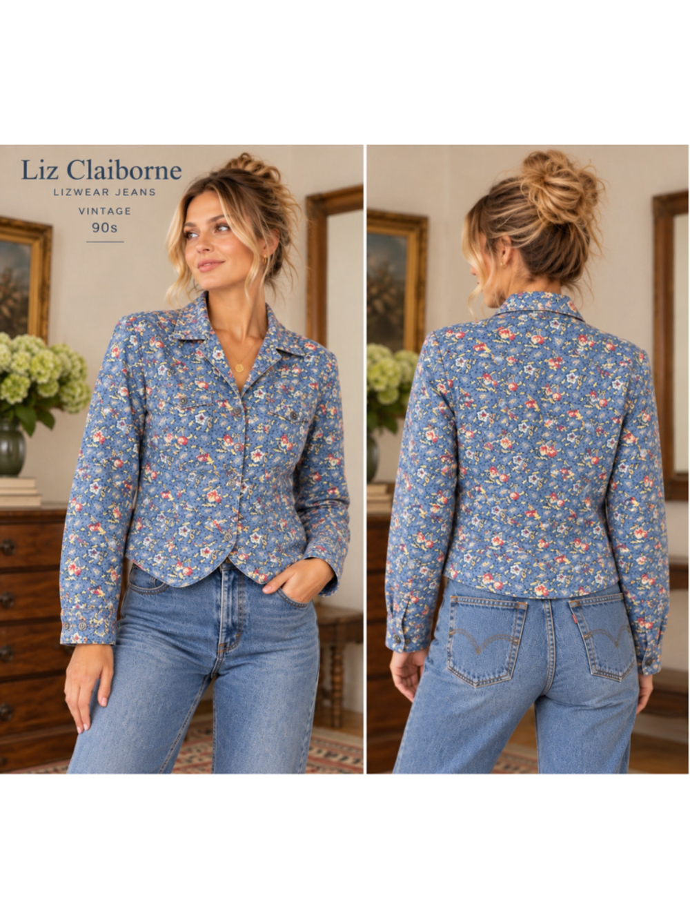 Liz Claiborne Lizwear Vintage 90s Floral Denim Jacket Petite M Cottagecore